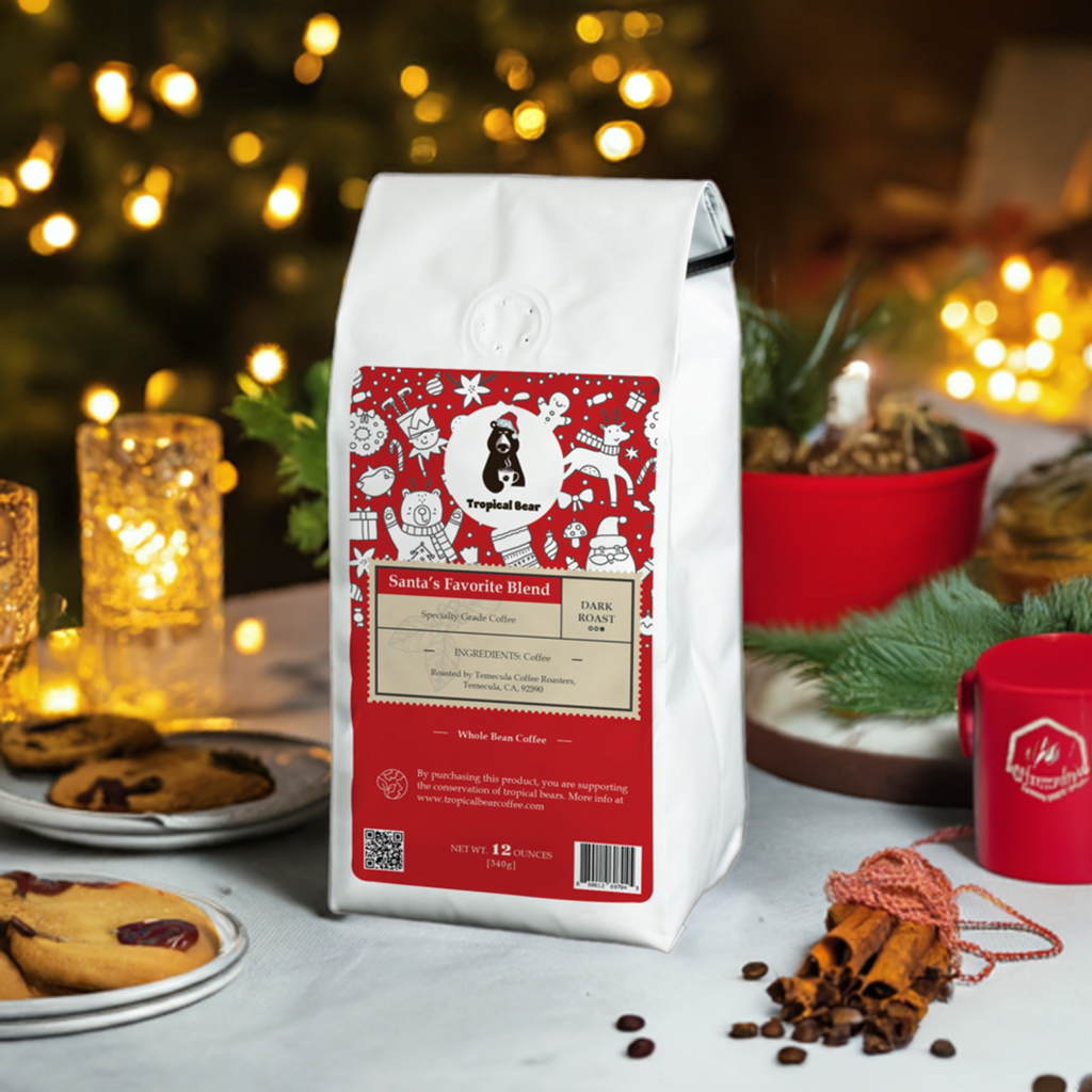 The bag of Tropical Bear Santa's Favorite Blend Specialty Grade Coffee, AI-generated. Tastiest coffee. Good coffee.