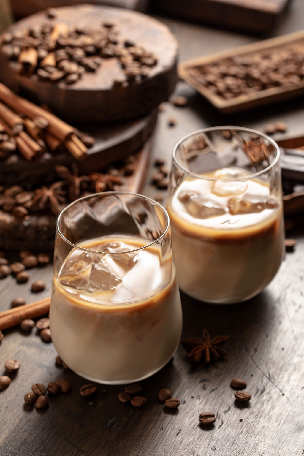 Tropical Bear Coffee Whiskey Wanderlust in two glasses with ice whiskey barrel-aged coffee tastiest coffee good coffee single-origin coffee Irish coffee
