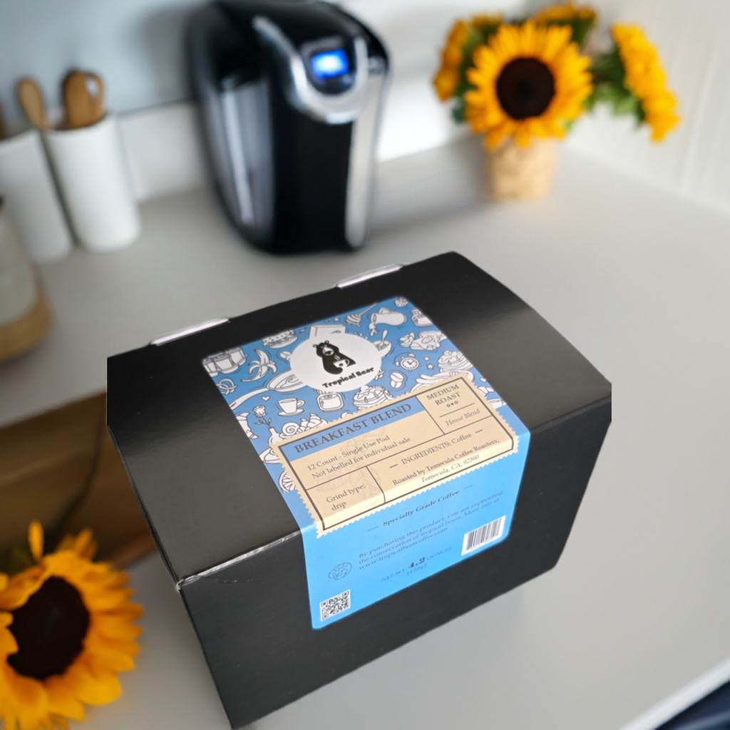 The Breakfast Blend specialty-grade coffee single-use cups box on a kitchen counter, AI generated. Specialty coffee store.