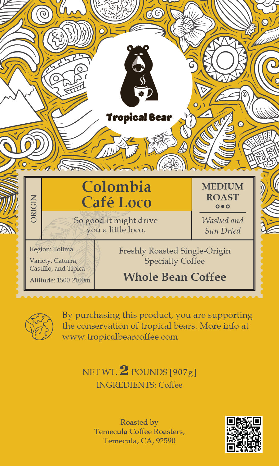 Coffee packaging with a bear illustration and coffee details on a yellow background