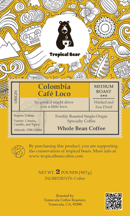 Coffee packaging with a bear illustration and coffee details on a yellow background