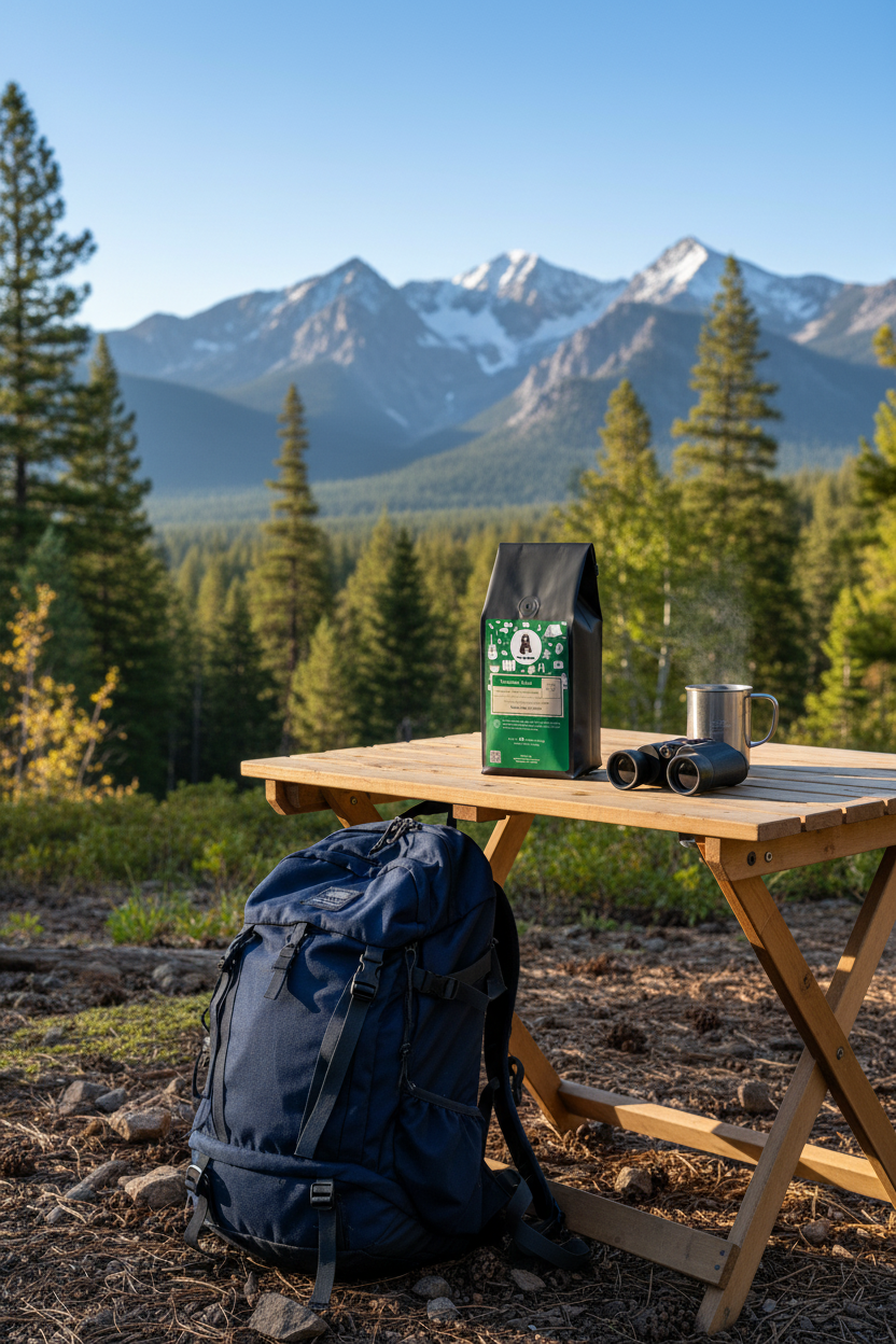 Camping scene with a backpack, Elevation Kick coffee bag, and binoculars on a table with mountains in the background