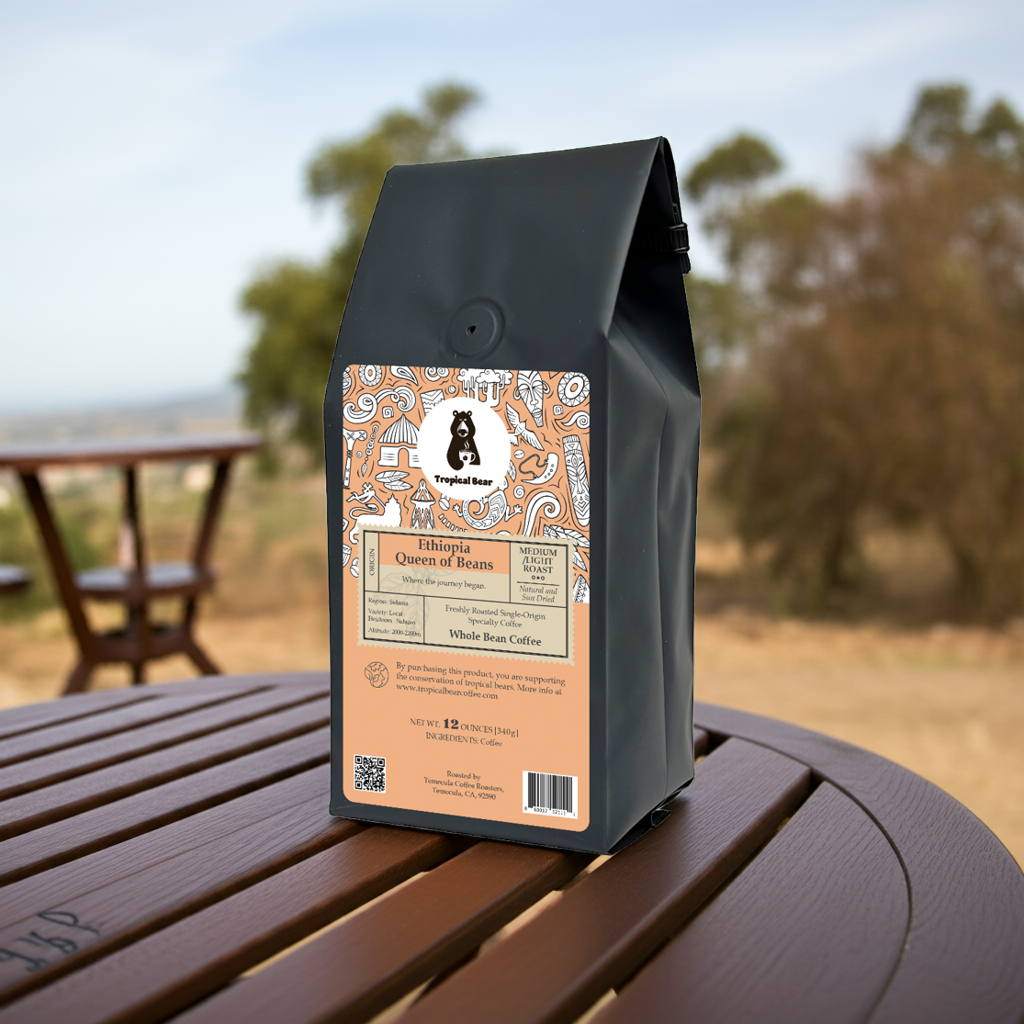 A bag of Ethiopia ingle Origin Specialty Coffee placed on a table in African desert.