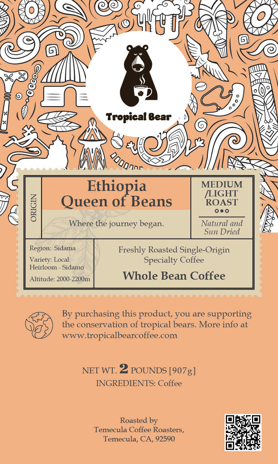Coffee packaging with a bear illustration and decorative elements on an orange background