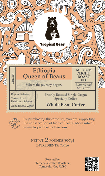 Coffee packaging with a bear illustration and decorative elements on an orange background