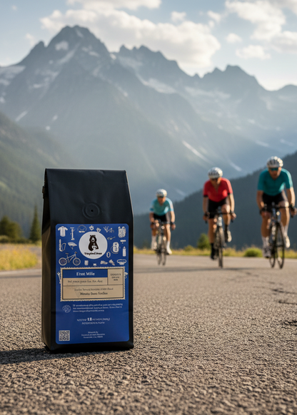 Coffee package with cyclists in the background on a mountain road