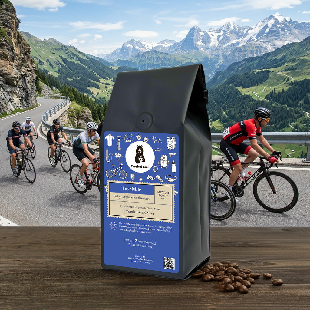 Coffee bag with a scenic mountain road and cyclists in the background