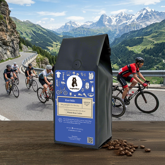 Coffee bag with a scenic mountain road and cyclists in the background