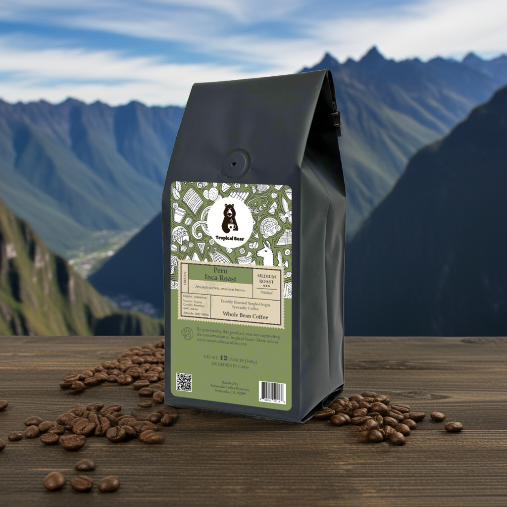 A bag of Peru Inca Roast Single Origin Specialty Coffee on a table in the mountains.