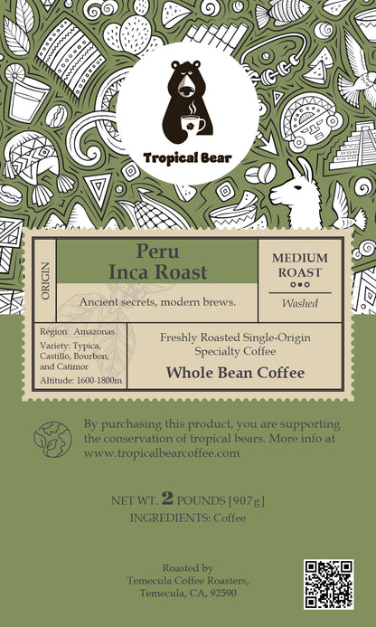 Coffee package with 'Tropical Bear' branding on a green background