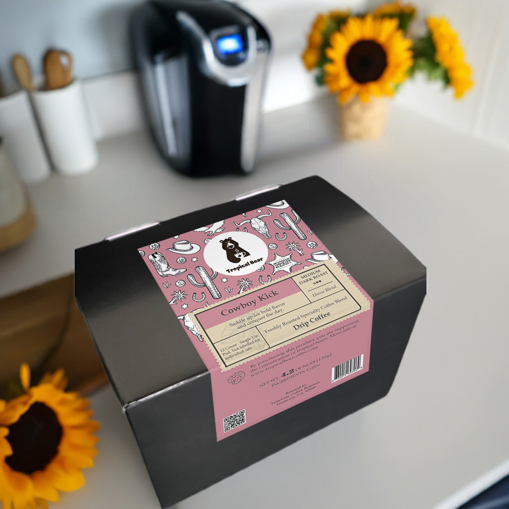A box of single use coffee pods of Cowboy Kick specialty coffee