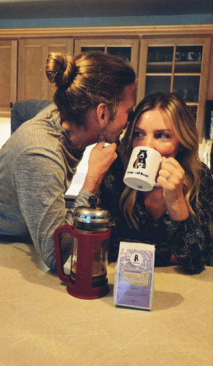 Monica and Austin indulged in a cup of Papua New Guinea single-origin coffee in their kitchen after using a French press.