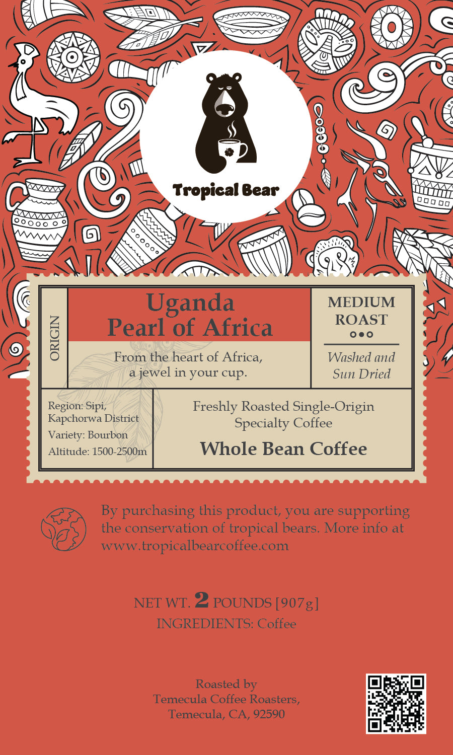 Coffee packaging with red background and white text, featuring a bear logo and coffee bean graphics.